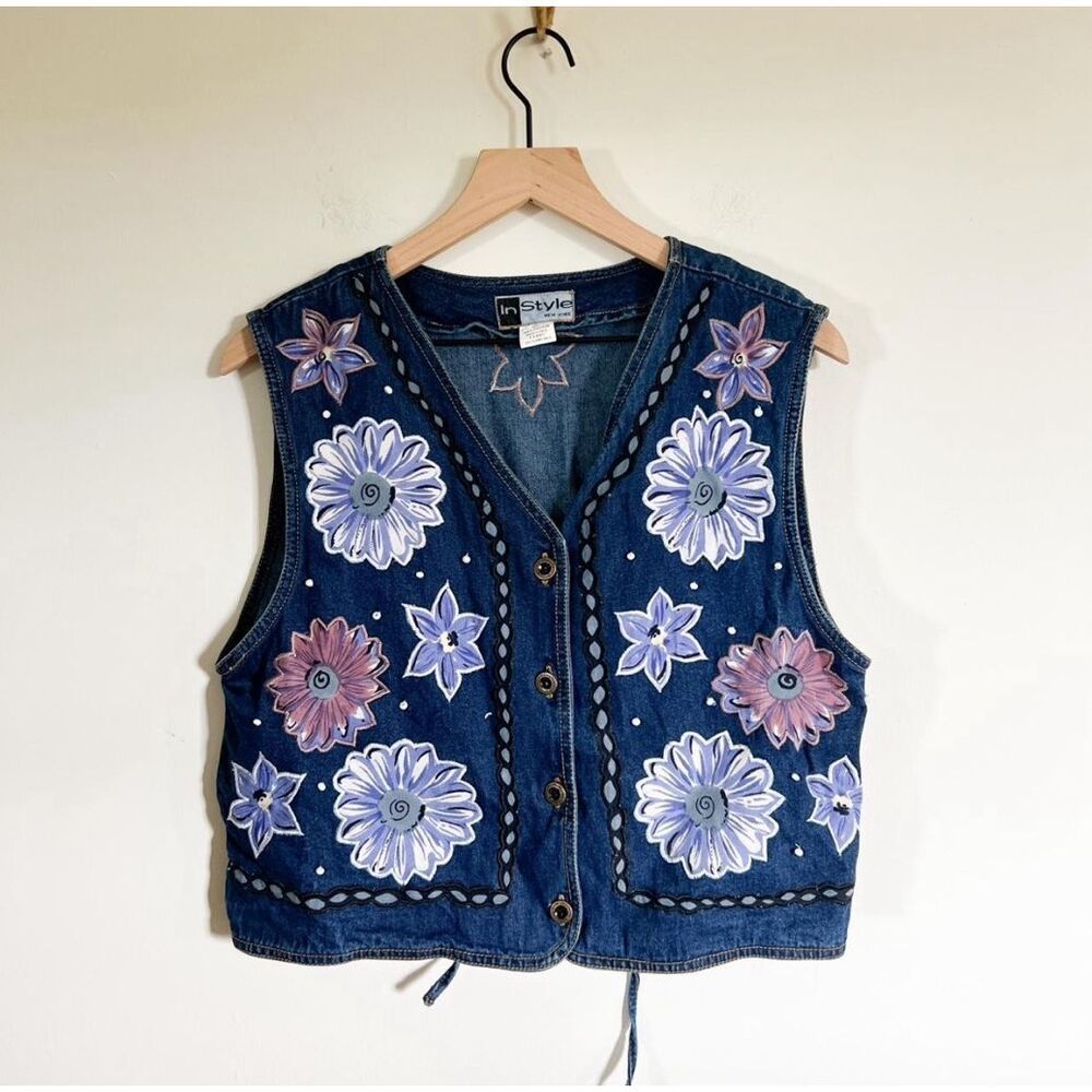 Boho Cottagecore Floral Denim Vest Hand‎ Painted Retro Vibe